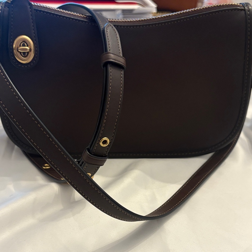 Coach Dark Brown Leather Shoulder Bag with Gold Accents
